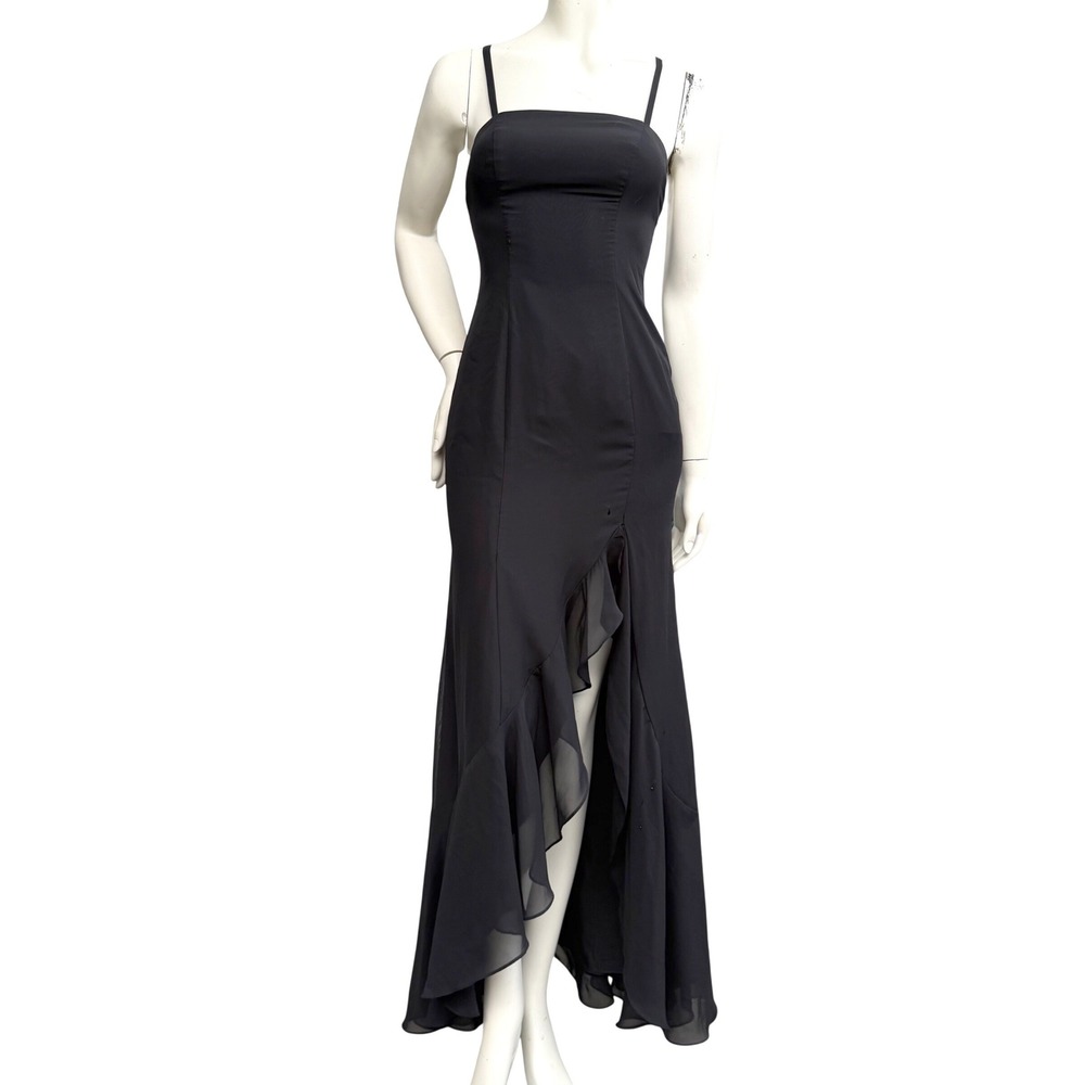 JJ's House Formal Maxi Dress Black Square Neck Ruffle High Slit‎ Prom Evening S